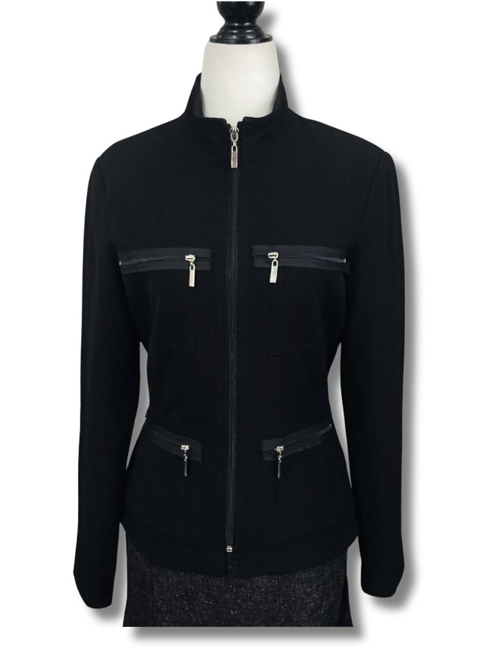 JACQUELINE CONOIR Black zip-up high collar jacket ~ corporate goth SMALL MEDIUM